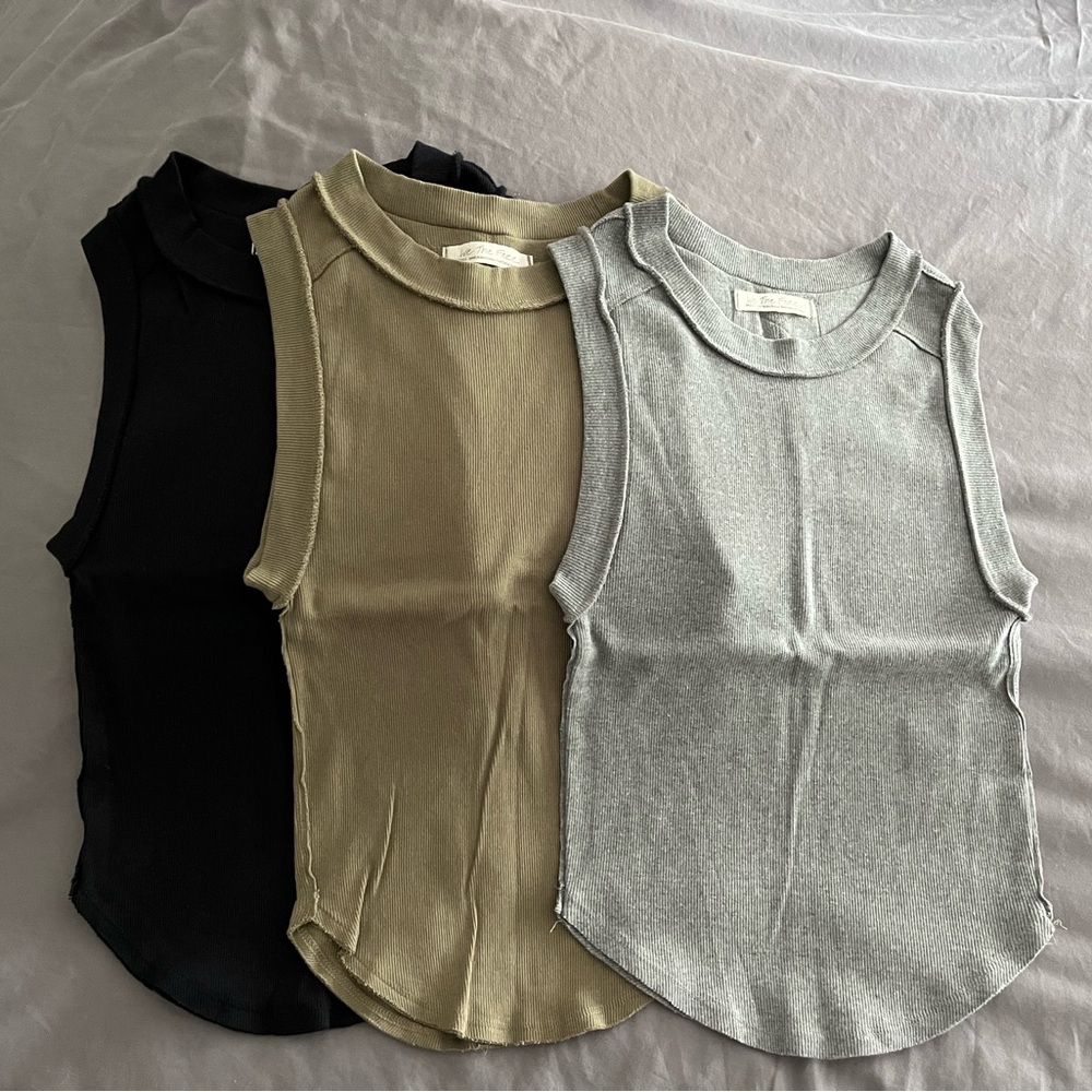 Three (x3) We The Free Ribbed Fitted Tank Top with Peter Pan Collar